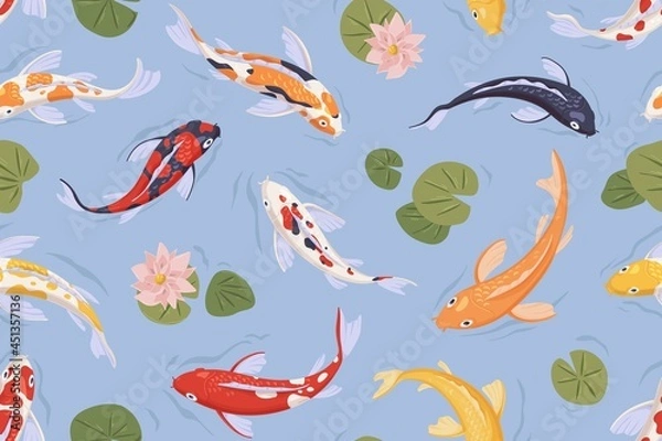 Fototapeta Seamless pattern with Japanese koi fish in pond. Chinese carp background. Endless repeatable Japan texture. Printable oriental backdrop. Colored flat vector illustration for printing and decoration
