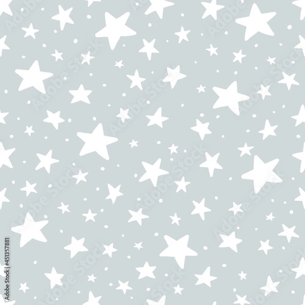 Fototapeta Vector Doodle Star Silver Seamless Pattern. Cute kid sketch hand drawn stars print on gray background. Sky and space texture for print, wrapping paper, design, fabric, decor, gift, backgrounds