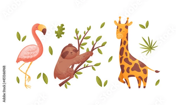 Obraz Cute exotic animals set. Pink flamingo, sloth and giraffe cartoon vector illustration
