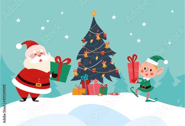 Fototapeta Winter holiday illustration with cute Santa Claus and elf  characters at decorated xmas fir tree on snowy mountain landscape. Vector cartoon flat concept. For card, package, banner, invitation.