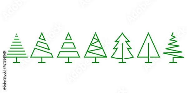Fototapeta Set de siluetas simples de árbol de navidad con lineas en color verde