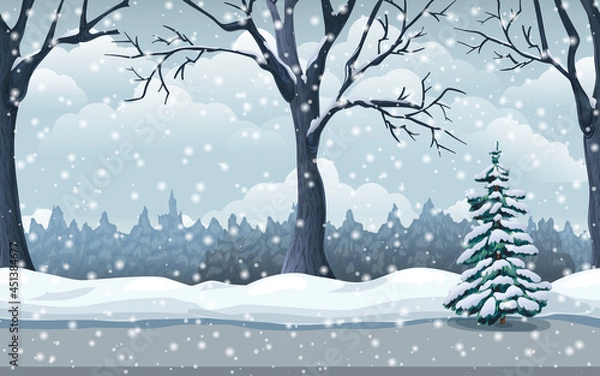 Fototapeta scenic winter snowfall landscape. seamless snow background with trees, road and forest. park or garden snowy panorama. cold season scene. Cartoon vector illustration great for game location design