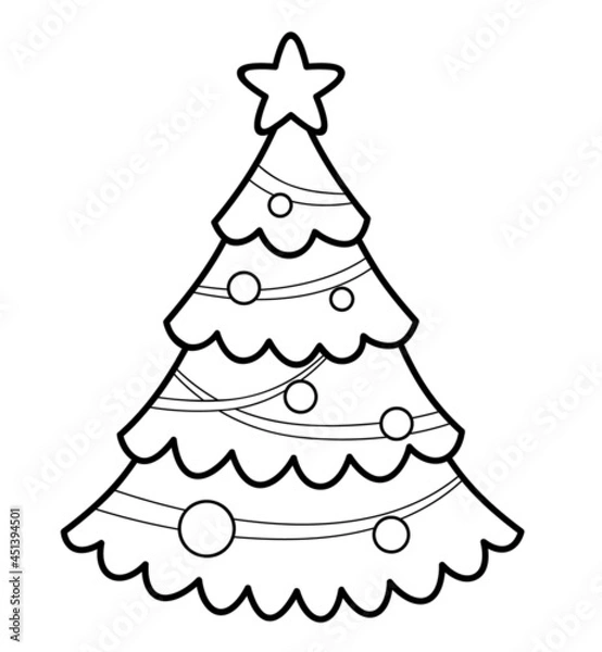Obraz Christmas coloring book or page for kids. Christmas tree black and white vector illustration