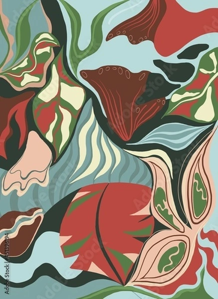 Fototapeta Abstract flat design with contrasting floral shapes in vibrant colors