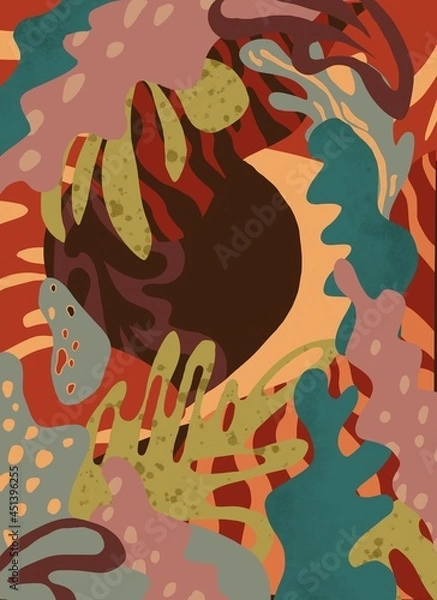 Fototapeta Layered colorful abstract design of fantasy tropical shapes