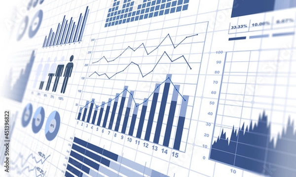 Fototapeta 円グラフや棒グラフの様々なビジネス資料、財務グラフ、金融チャート