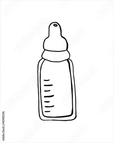 Obraz Baby nipple bottle doodle icon. Feeding bottle for newborn baby hand drawn. Vector clip art on a white isolated background in doodle style for a children's store, website, postcard or poster