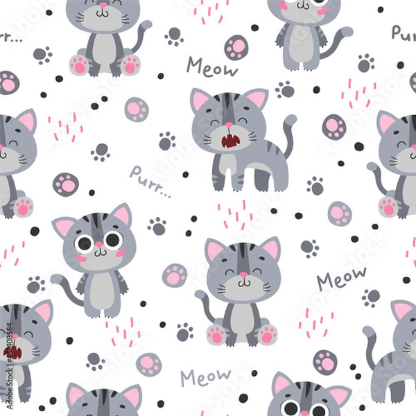 Fototapeta Seamless pattern with cute gray cat, kitty, kitten with black stripes, paws, word meow, purr on white background. Vector illustration, print for packaging, fabrics, wallpapers, textiles.