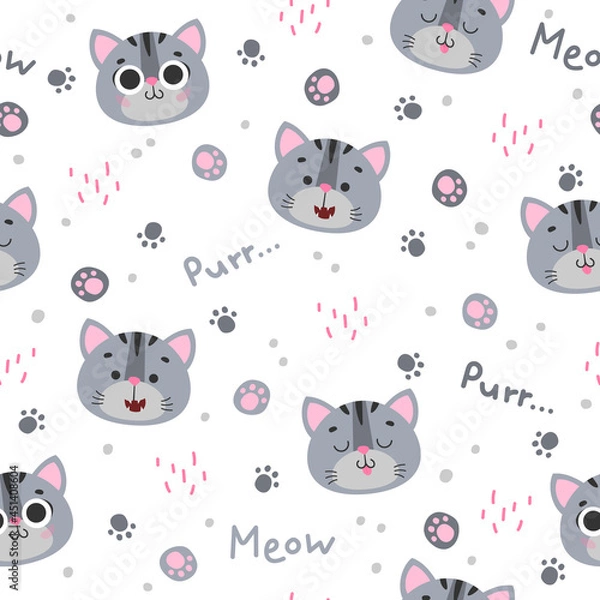 Fototapeta Seamless pattern with cute gray cat, kitty, kitten with black stripes, paws, word meow, purr on white background. Vector illustration, print for packaging, fabrics, wallpapers, textiles.