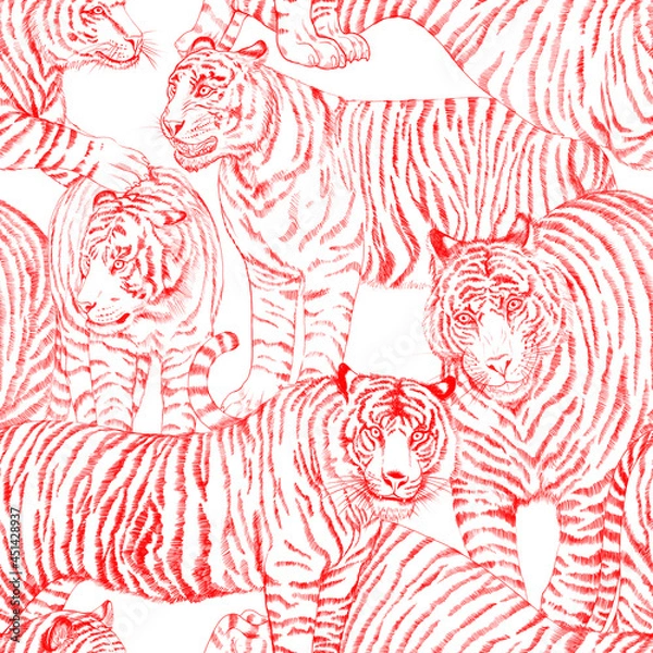 Fototapeta Seamless pattern with painted in gouache tigers in vintage style