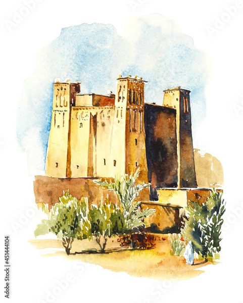 Fototapeta Old Stone fortress in the desert Morocco. Sketch from architecture. Watercolor hand drawn illustration