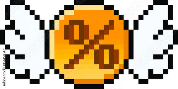 Fototapeta Pixel 8 bit percentage coin with wings - vector, isolated