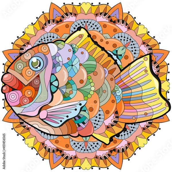 Fototapeta Cute doodle Taiyaki fish bread element on mandala. Isolated on white background