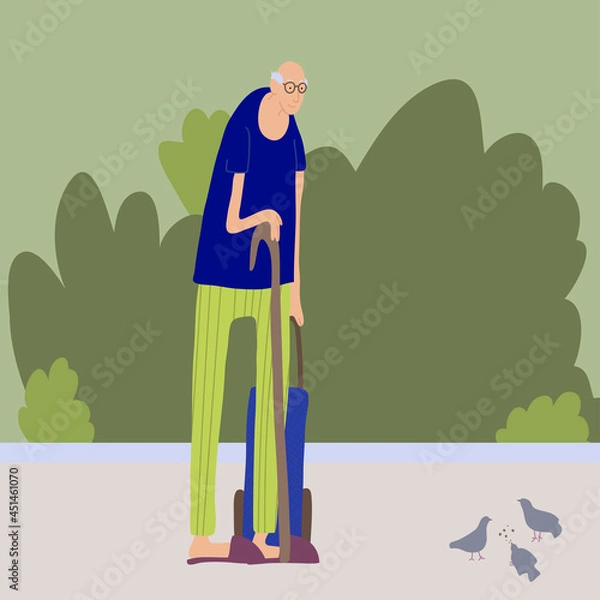 Fototapeta A cute old man with a cart in slippers. An elderly man walks through the park. Bright vector illustration.