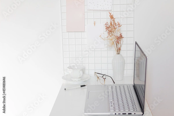 Fototapeta Aesthetic minimalist home office desk workspace on white background. Business, work concept for blog, website, social media.