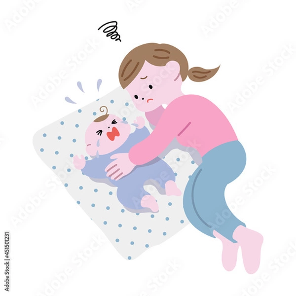 Fototapeta 赤ちゃんを寝かしつけようとするお母さんと、泣き叫ぶ赤ちゃんA