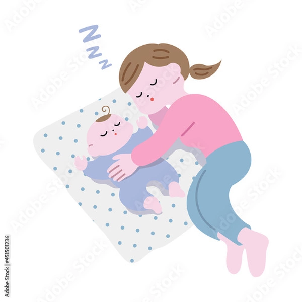 Fototapeta 赤ちゃんを寝かしつけようとして、自分も寝てしまうお母さんA