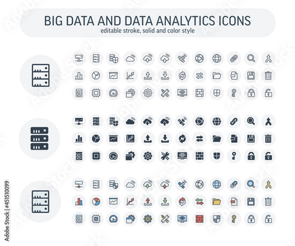 Fototapeta Vector editable stroke, solid, color style icons set. Illustration with big data and analytics technology outline symbols. Bigdata, database, seo, server, information security thin line pictogram