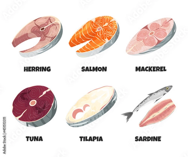Fototapeta Raw fresh fish steak collection isolated on white. Realistic trout, herring, sardine, mackerel, tuna, tilapia fillet, seafood product with omega, design element set. Vector cartoon flat illustration