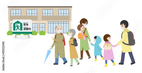 Obraz 避難所に向かっている大家族（マスク）
