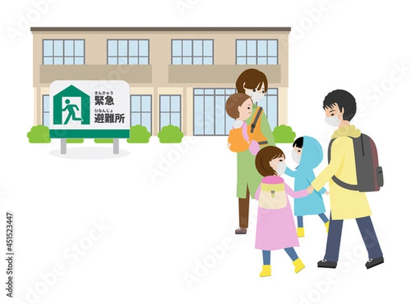 Obraz 避難所に向かっている家族（マスク）
