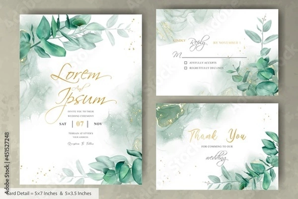 Fototapeta Greenery wedding invitation template with hand drawn eucalyptus