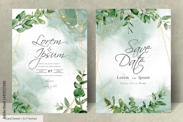 Fototapeta Greenery wedding invitation template with hand drawn eucalyptus