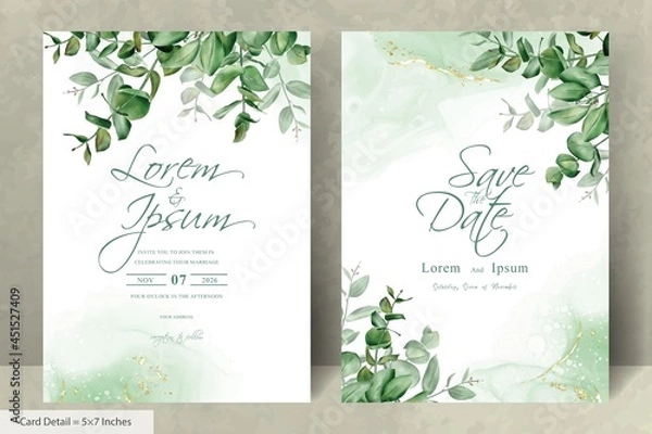 Fototapeta Greenery wedding invitation template with hand drawn eucalyptus