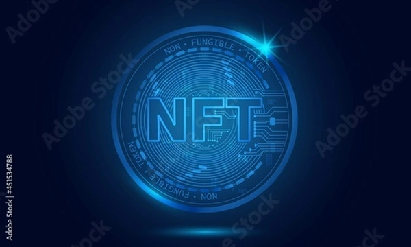 Fototapeta Non-fungible token (NFT) concept.Abstract futuristic blue technology background.