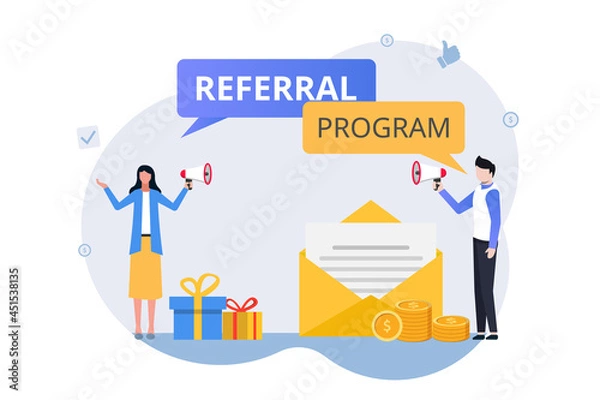 Fototapeta Concept of referral marketing strategy. refer a friend royalty program with promotion method illustration.