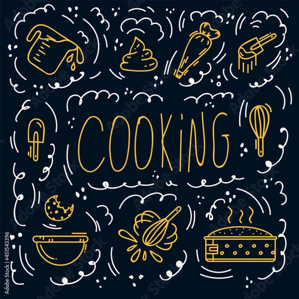 Fototapeta A pattern with baking ingredients. Pattern for baking dough, cookies, sponge cake. Mixers, spatulas, spoons, flour, bowl, cream, pie. Linear vector doodle background for baking textiles. . Vector illu