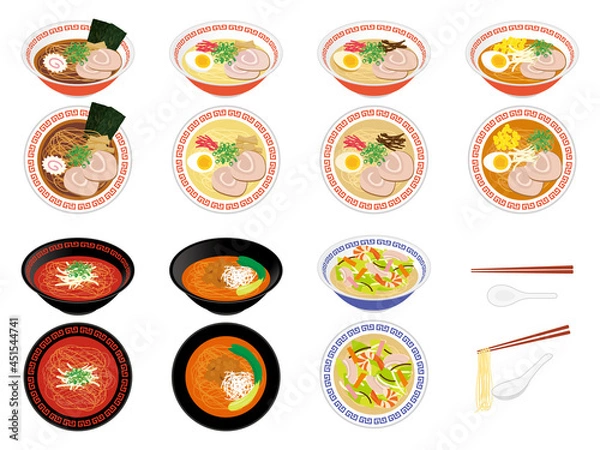 Fototapeta ラーメン、担々麺、ちゃんぽんセット　Various Noodles Vector Illustration