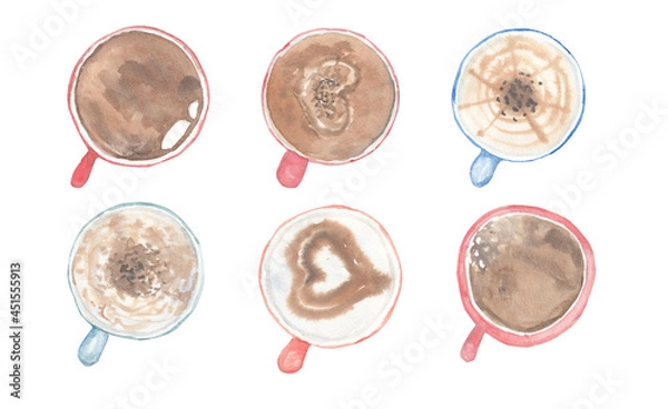 Obraz Collection of coffee cups top view on white background, watercolor hand drawn