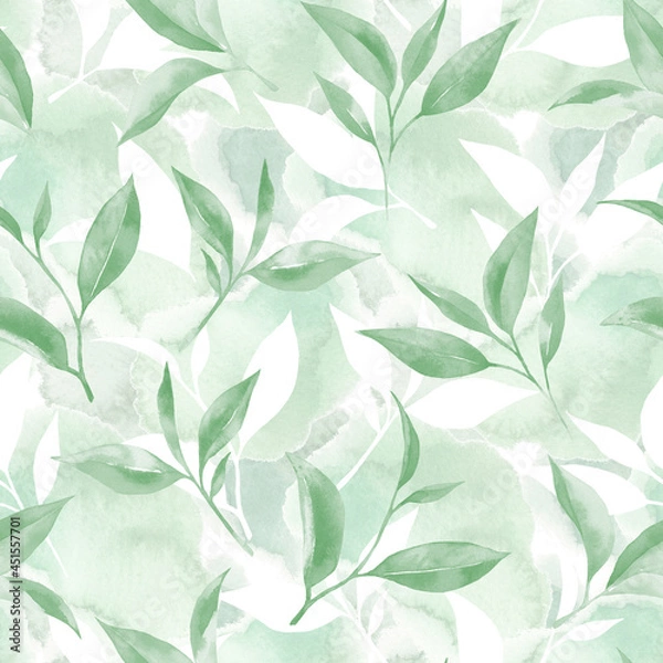 Obraz Tea leaves seamless pattern. Food background with tea leaves watercolour in hand drawn style. Tea background for paper, textile, wrapping and wallpaper.
