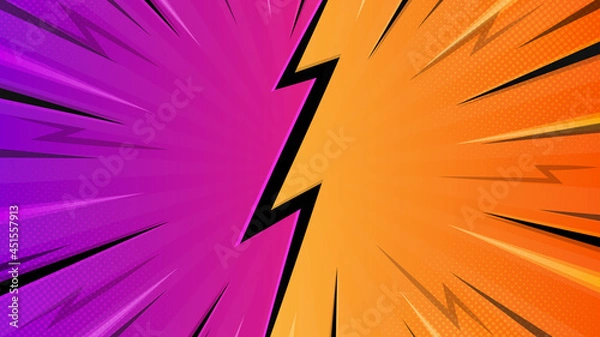 Fototapeta Colorful versus comic style background with lightning and halftone effect.