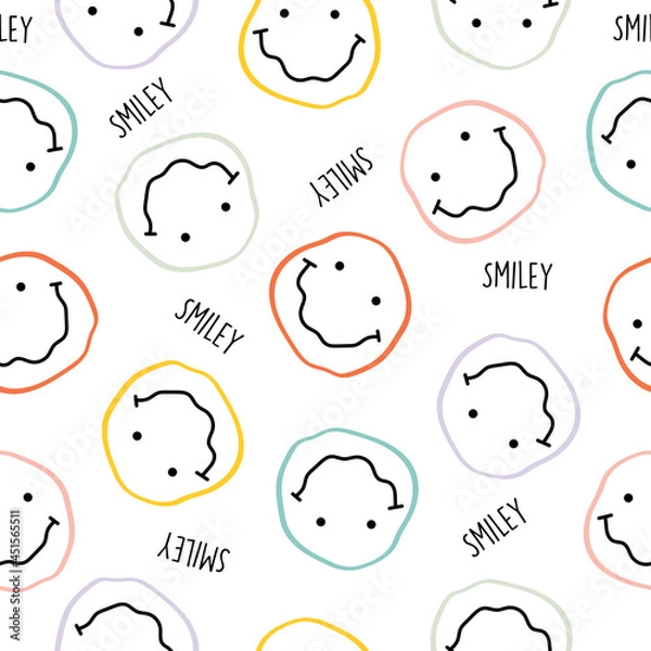Fototapeta Vector seamless pattern with happy smileys colorful. Smiling emoticons. Hand drawn trendy Vector illustration for kids. Good for Fabric, textile, giftware, wallpaper, for book design and more
