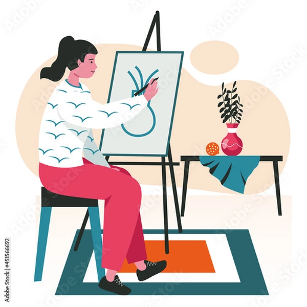 Fototapeta People do their favorite hobby scene concept. Woman painting still life on canvas. Artist drawing on easel in art studio, creativity people activities. Vector illustration of characters in flat design