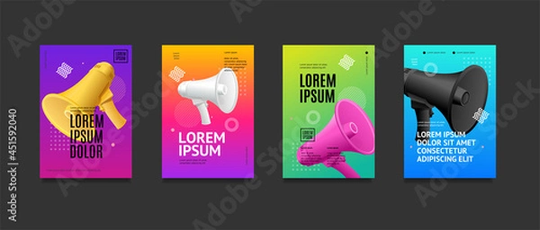 Fototapeta Poster Banner Card with Realistic Detailed 3d Megaphone and Abstract Memphis Style Elements Set. Vector