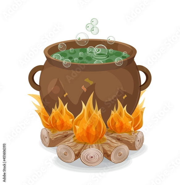 Obraz witchs pot with hel on firewood fire