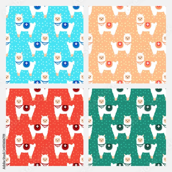 Fototapeta Set of 4 seamless patterns with cute alpacas. Cute and childish design for fabric, textile, wallpaper, bedding, swaddles or gender-neutral apparel.