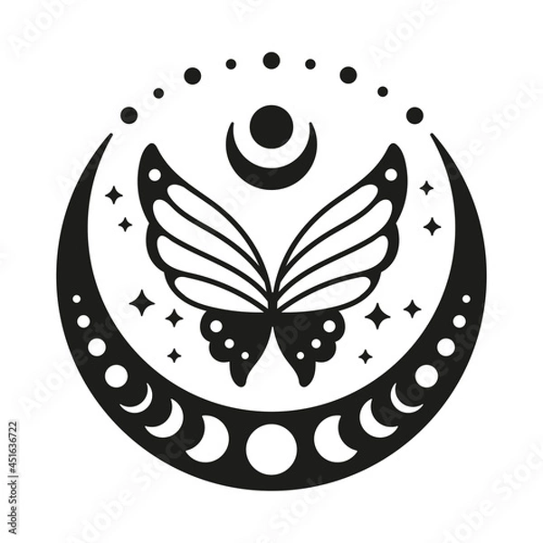 Fototapeta Night butterfly with moon. Moon phases. Mystical lunar illustration. Vector black and white silhouette