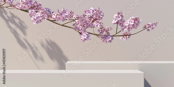 Fototapeta Minimal abstract background.podium and cherry blossom with light nature white background for product presentation.3d rendering illustration.