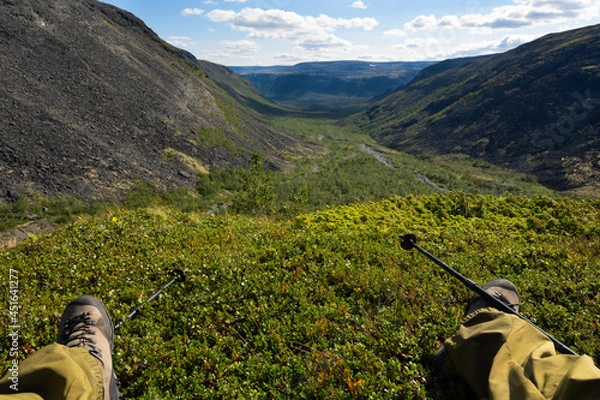 Fototapeta First-person view of the mountain valley