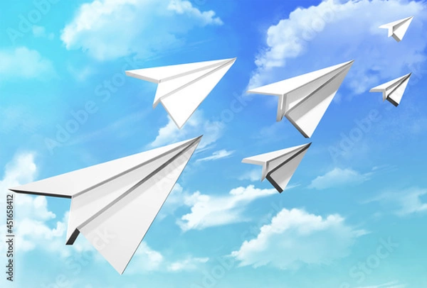 Fototapeta 3d paper airplanes flying with clear sky on the background illustration