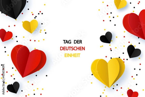 Fototapeta German Unity day - Tag der Deutschen Einheit. October 3rd. Background with Germany flags in heart shape and confetti. Vector template for banner, typography poster, flyer, greeting card.