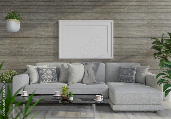Fototapeta 3D Mockup photo frame in Modern interior of living room