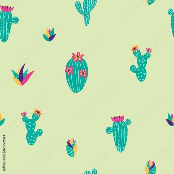 Fototapeta Seamless pattern of cacti in cute style in bright colors. Perfect for kids apparel, fabric, textile, nursery decoration, wrapping paper. Vector illustration