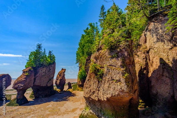 Fototapeta Low tide on the Bay of Fundy exposes the rocks sand and the arches of the flowerpots