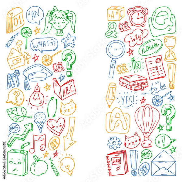Fototapeta Back to school. Vector illustration with icons about education. English learning. Online internet courses.