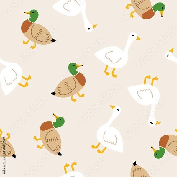 Fototapeta Seamless pattern with goose and duck on a beige background. Wallpaper, textiles, print. Vector flat illustration.